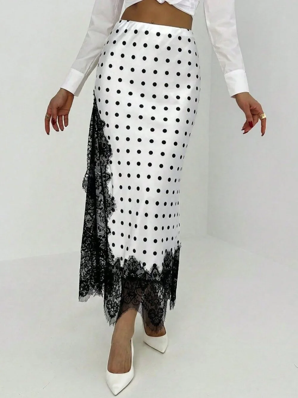 Black And White Elegant Women's Polka Dot Print Lace Patchwork Skirt